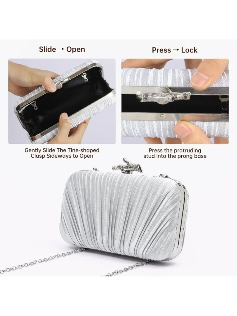 Women's Silver Pleated Clutch Purse For Formal With Chain Evening Bag